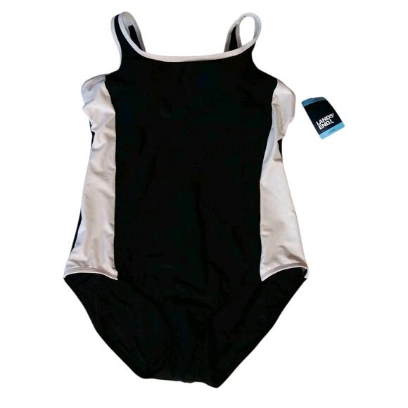 Lands' End One-Piece Swimsuit Women's Scoop Neck Black White Side Stripe Large - Picture 3 of 7